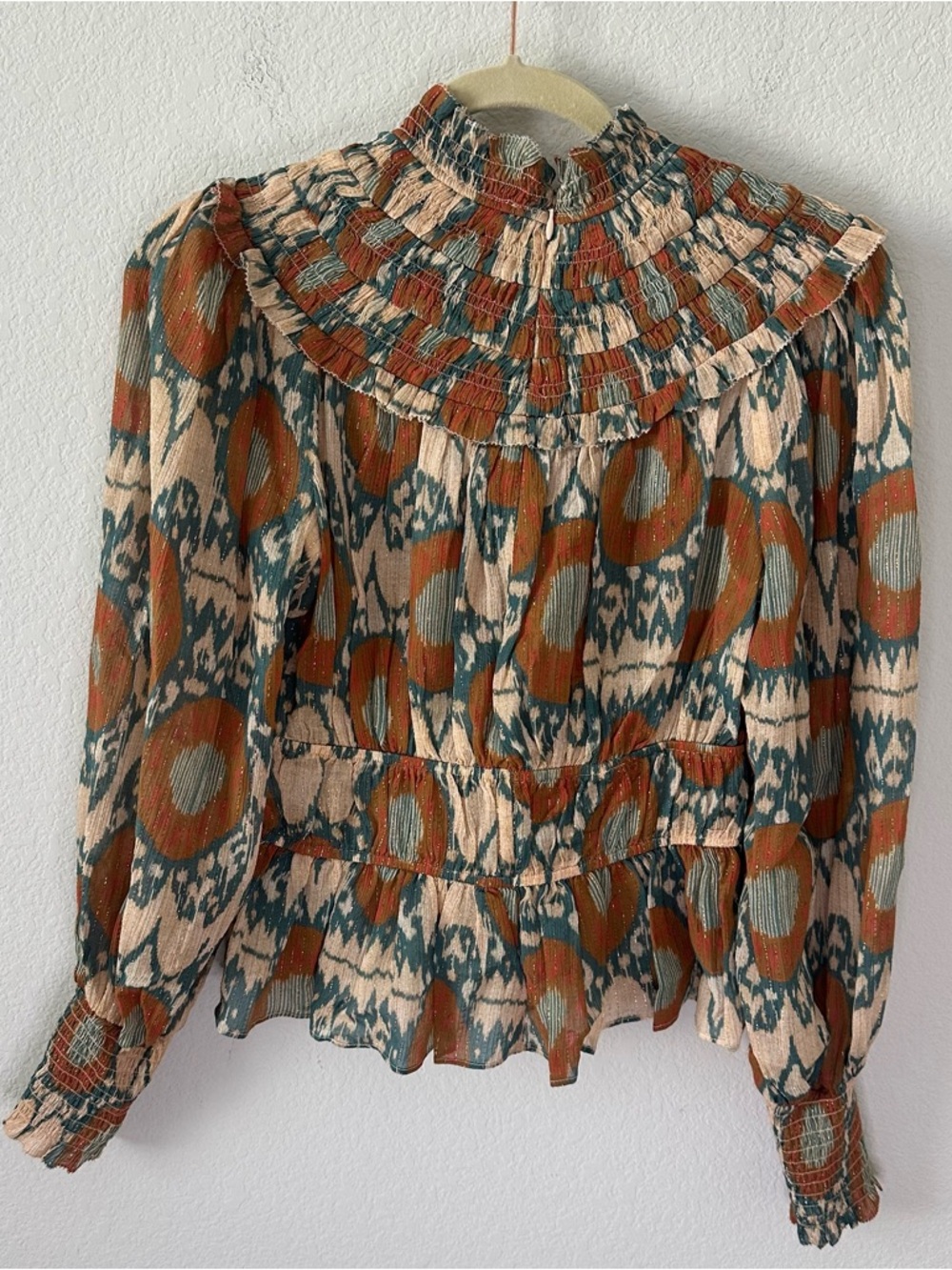 Ulla Johnson Noor Printed Blouse Bishop Sleeve Mock Neck Nimbus SZ US 2 - Picture 6 of 7